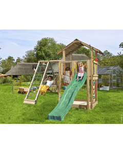 Jungle Chalet | Spielturm aus Holz mit Schaukel & Kletternetz