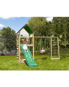 Jungle Lodge | Spielturm aus Holz mit Schaukel & Kletternetz