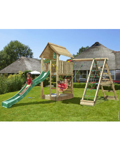 Jungle Cabin | Spielturm aus Holz mit Schaukel & Kletternetz