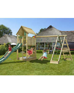 Jungle Cabin | Spielturm aus Holz mit Schaukeln & Kletternetz