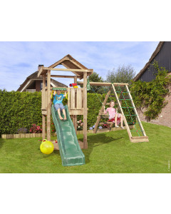 Jungle House | Spielturm aus Holz mit Schaukel & Kletternetz