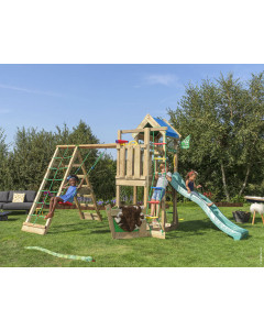 Jungle Viking | Spielturm aus Holz mit Schaukel & Kletternetz